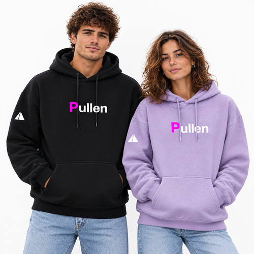 Two models wearing the Everyday Relaxed Hoodie in black and violet, unisex fit