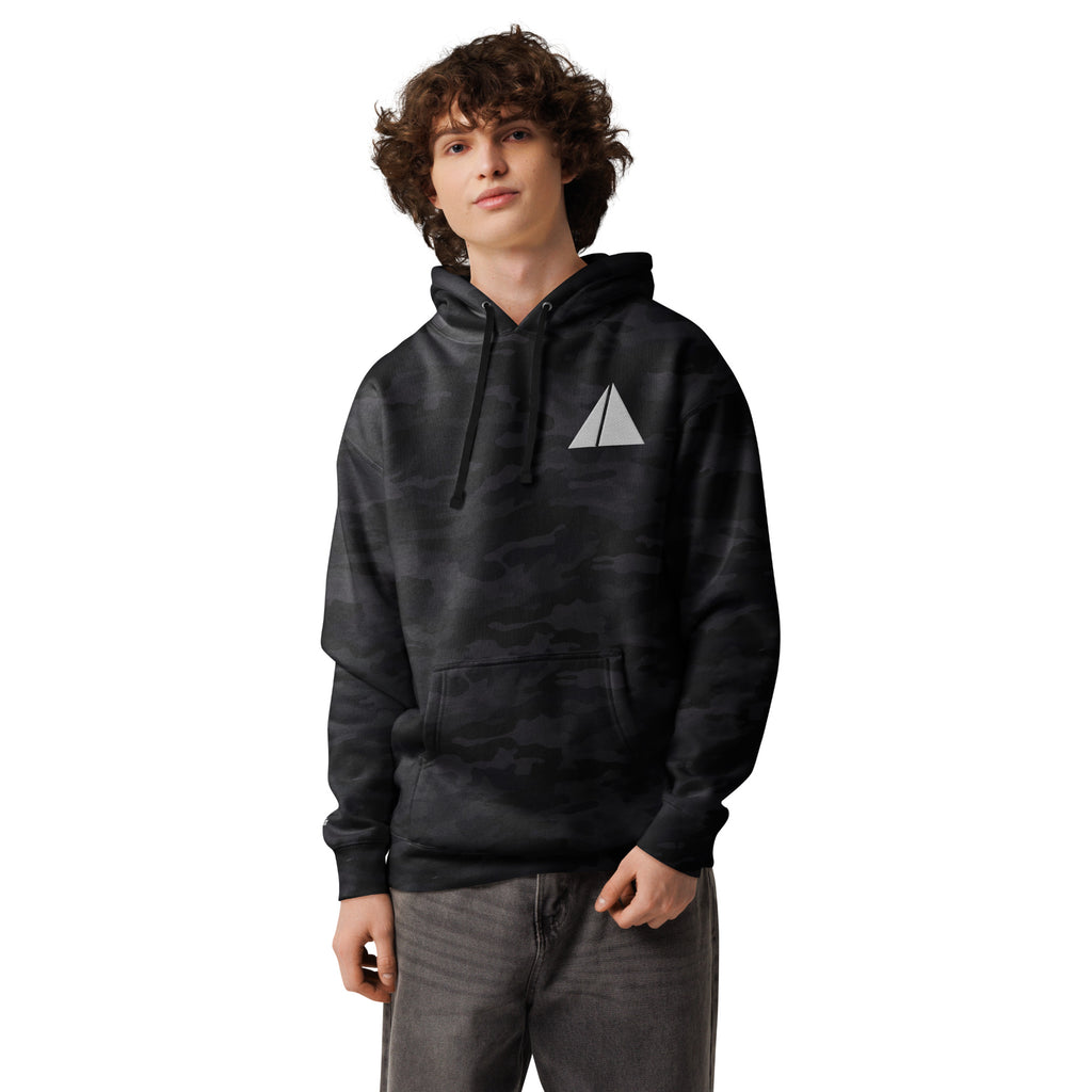 Simple Camo Hoodie in black camo, front detail
