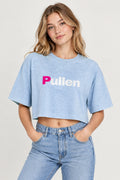 Women's Cropped Tee in light washed denim, front view