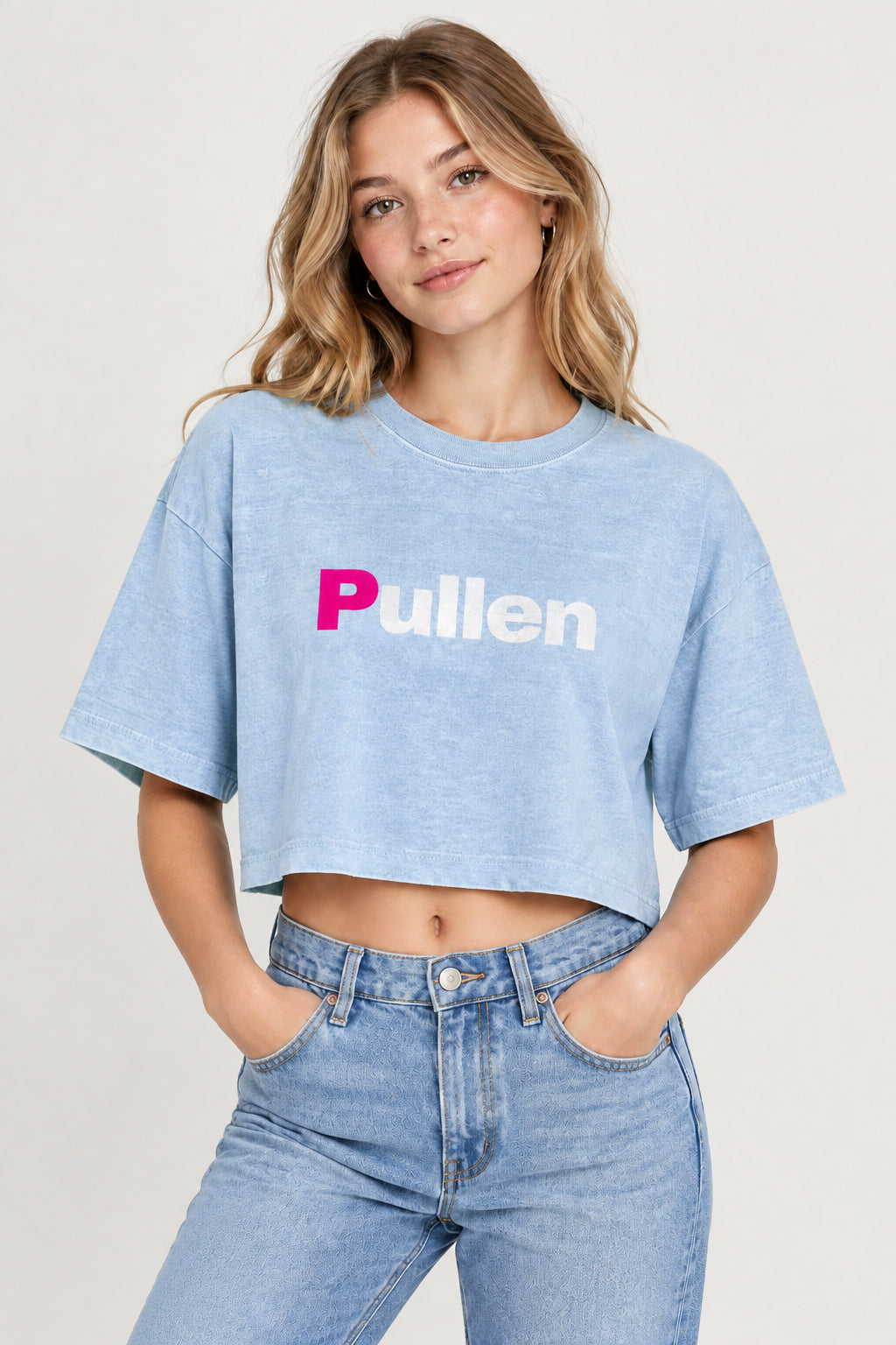 Women's Cropped Tee in light washed denim, front view